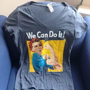 "We can do it" Tee, Blue small sleeves T-shirt, Small, NEW, feminist